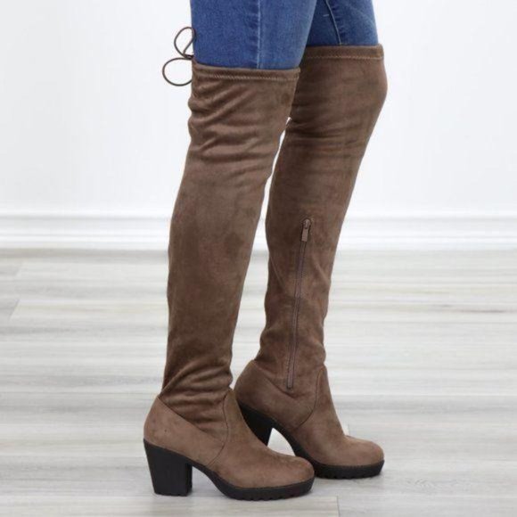 Taupe Thigh High Suede Boots Lug Chunky Heel - Picture 12 of 15